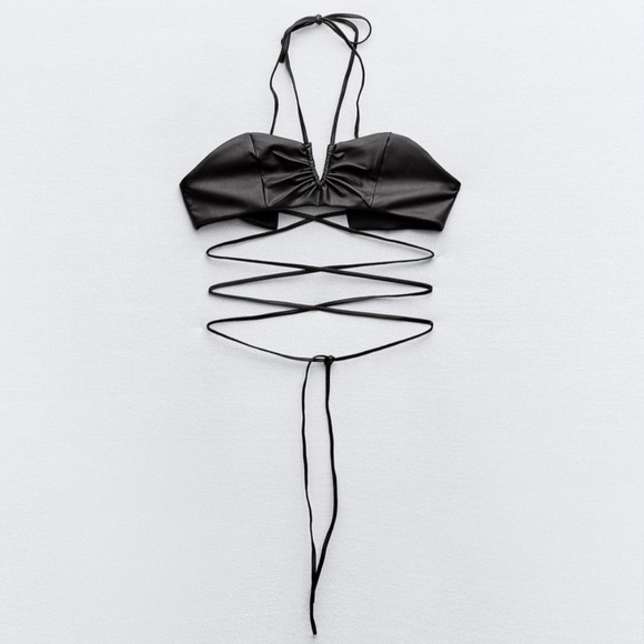 ZARA black leather strappy lace up bandeau v-cut halter crop top size small - Picture 3 of 13